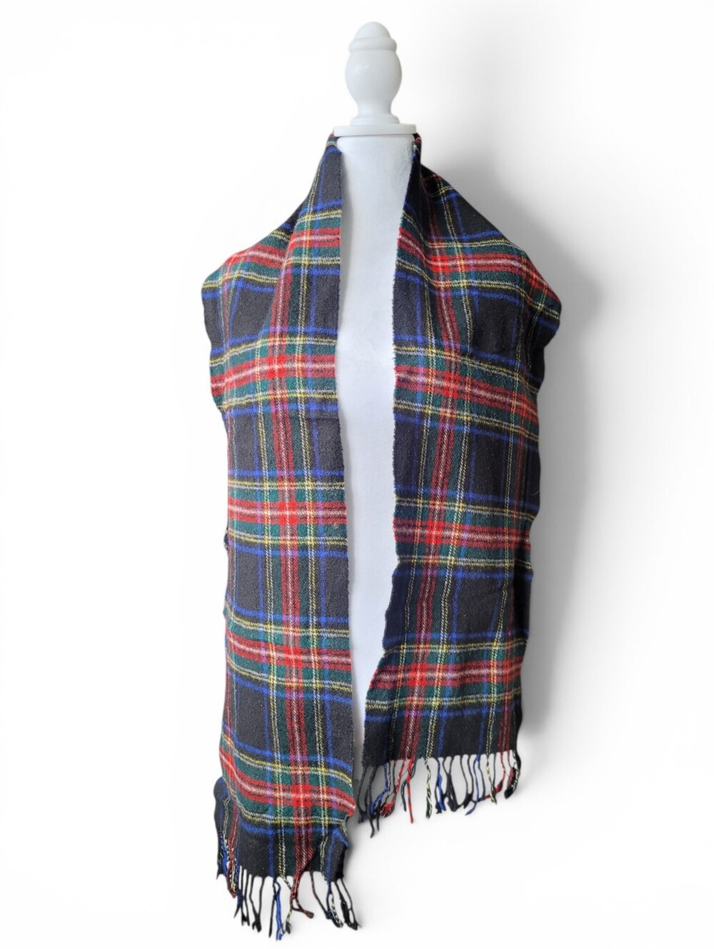 Vintage Glen Prince Lambswool Scarf Black Stewart Tartan Plaid